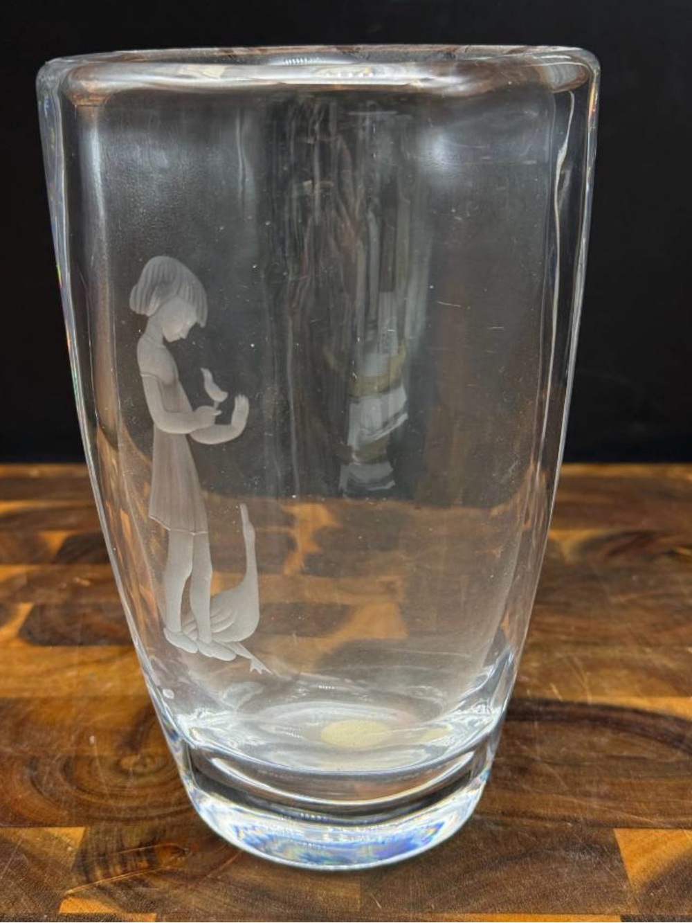 Vintage Orrefors Sweden Crystal "Goose Girl" Vase Sven Palmqvist 2578 Etched